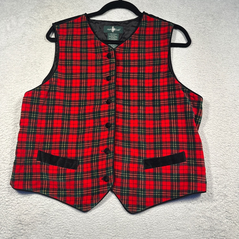 Vintage Hunt Club 100% Cotton Velvet Vest Women L Red Green Black Plaid